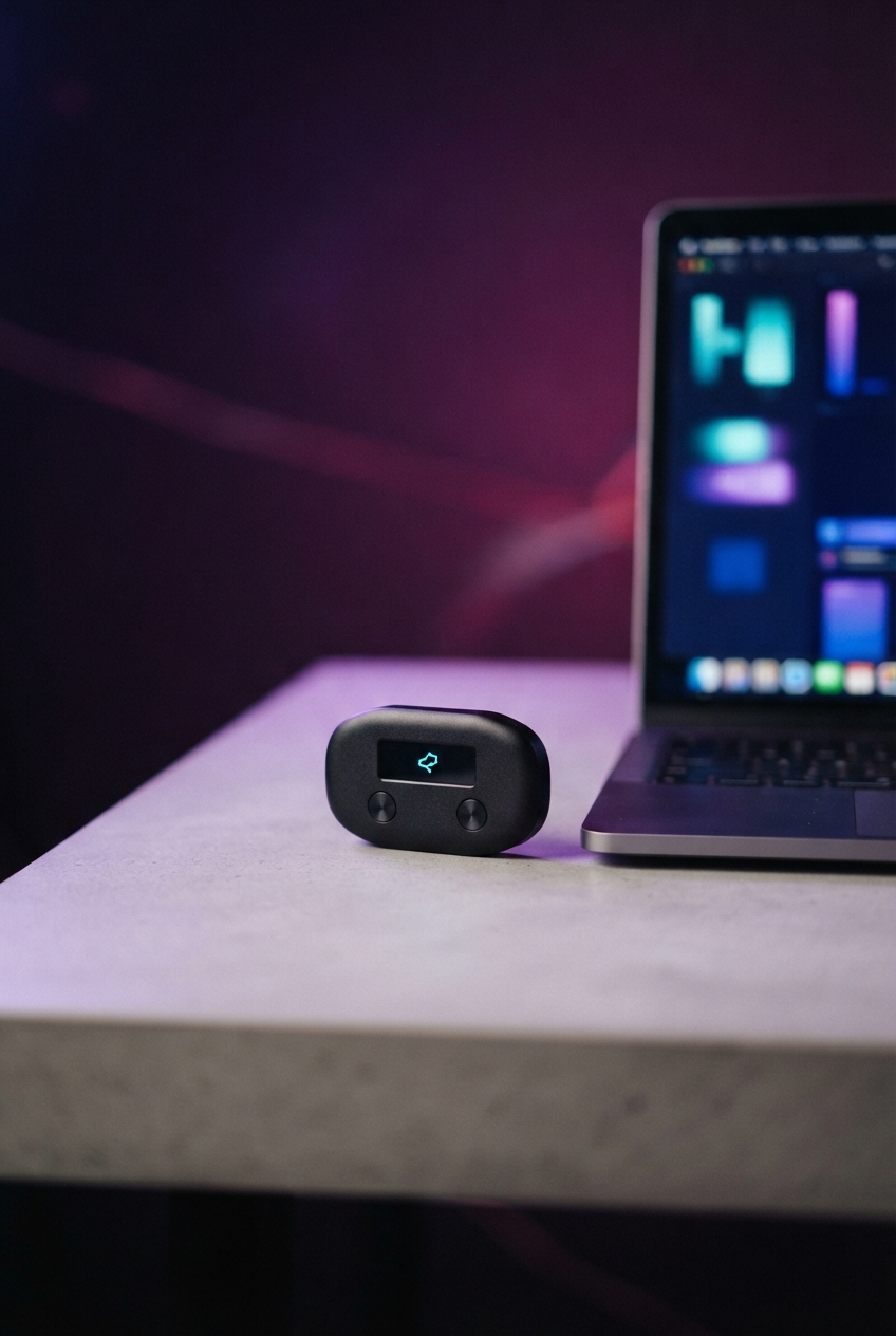 Small black device with a cyan icon beside an open laptop on a purple-lit desk.